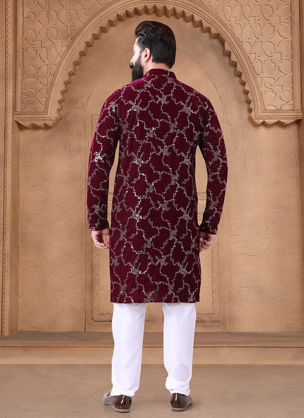 Buy Online Maroon Velvet Kurta Mens Wear with Embroidered, Sequins