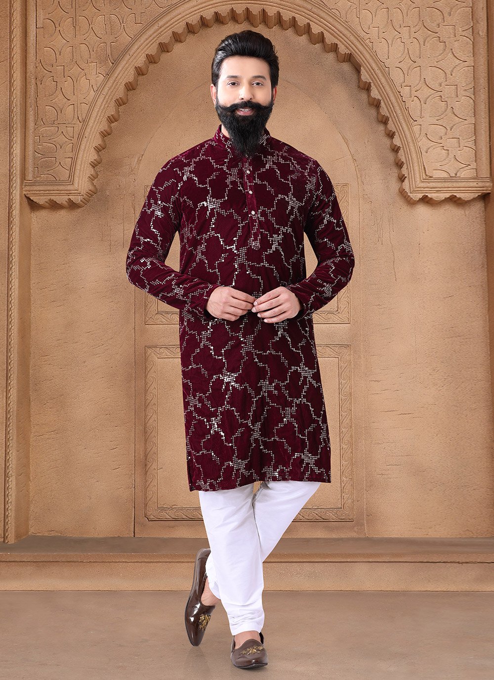 Buy Online Maroon Velvet Kurta Mens Wear with Embroidered, Sequins
