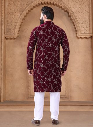 Maroon Velvet Kurta Pyjama with Embroidered, Sequins and Thread Work for Men