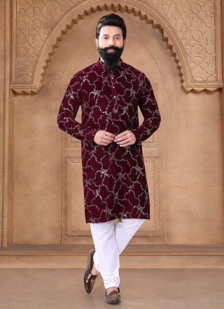 Maroon Velvet Kurta Pyjama with Embroidered, Sequins and Thread Work for Men