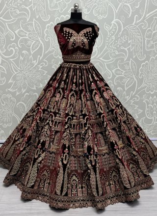 Maroon Velvet Lehenga Choli with Diamond, Dori, Embroidered, Sequins, Thread and Zari Work for Women