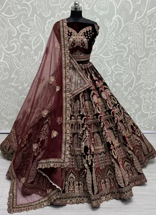 Maroon Velvet Lehenga Choli with Diamond, Dori, Embroidered, Sequins, Thread and Zari Work for Women