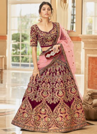 Maroon Velvet Lehenga Choli with Embroidered, Sequins, Thread and Zari Work