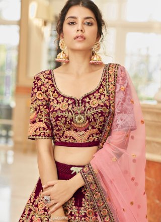 Maroon Velvet Lehenga Choli with Embroidered, Sequins, Thread and Zari Work