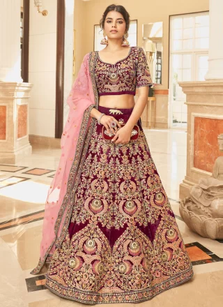 Maroon Velvet Lehenga Choli with Embroidered, Sequins, Thread and Zari Work