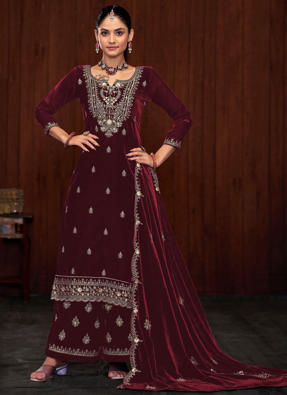 Shop Maroon Velvet Palazzo Salwar Suit with Embroidered and