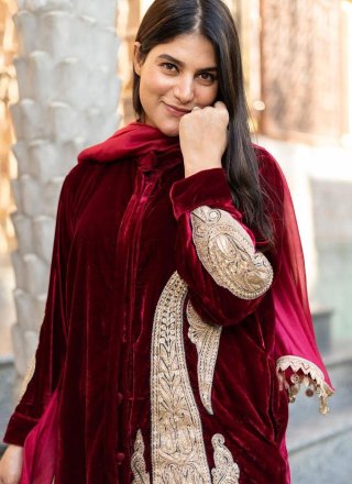Maroon Velvet Salwar Suit with Embroidered Work