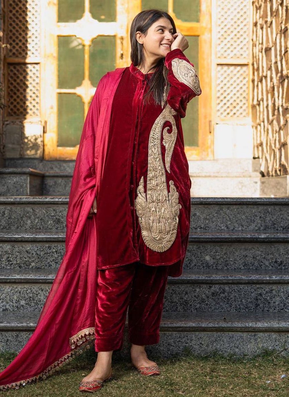 Maroon Velvet Salwar Suit with Embroidered Work
