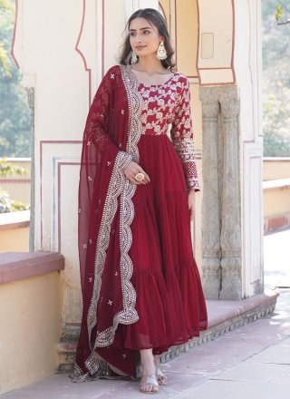 Maroon Viscose Designer Gown with Embroidered and Sequins Work for Women