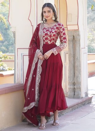 Maroon Viscose Designer Gown with Embroidered and Sequins Work for Women
