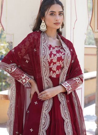 Maroon Viscose Designer Gown with Embroidered and Sequins Work for Women