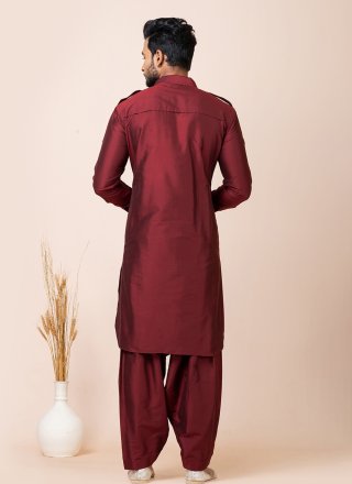 Maroon Viscose Kurta Pyjama In Plain for Men
