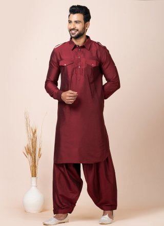 Maroon Viscose Kurta Pyjama In Plain for Men