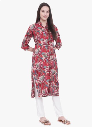 Maroon Viscose Print Work Casual Kurti