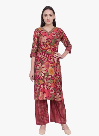 Maroon Viscose Print Work Casual Kurti