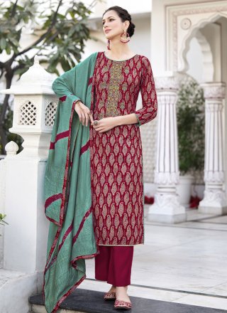 Maroon Viscose Salwar Suit with Embroidered Work for Women