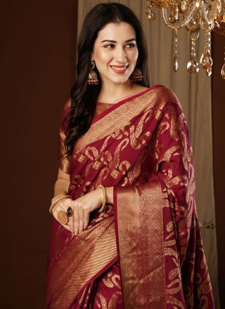 Maroon Viscose Weaving Work Traditional Saree for Ceremonial