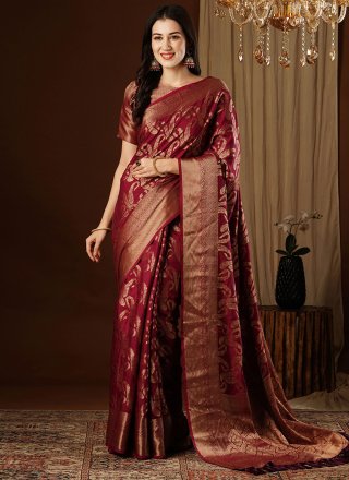 Maroon Viscose Weaving Work Traditional Saree for Ceremonial