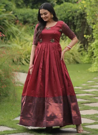 Maroon Weaving Work Banarasi Jacquard Gown