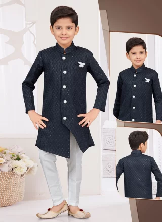 Masterly Blue Jacquard Sherwani Kids Wear with Buttons, Fancy and Thread Work