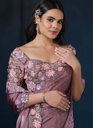Masterly Purple Satin Silk Classic Saree with Embroidered, Sequins and Thread Work