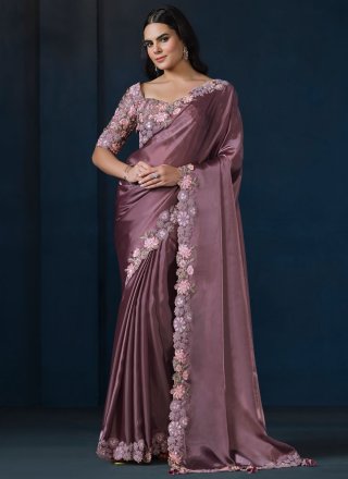 Masterly Purple Satin Silk Classic Saree with Embroidered, Sequins and Thread Work