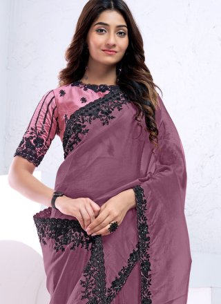 Mauve and Wine Crush Designer Sari with Embroidered and Sequins Work