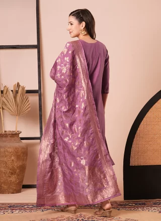 Mauve Chanderi Embroidered Work Pant Style Suit