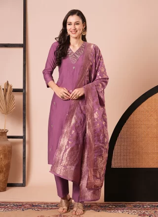 Mauve Chanderi Embroidered Work Pant Style Suit