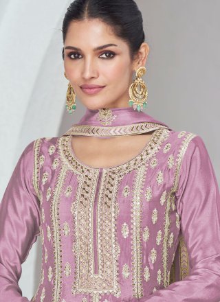 Mauve Chinon Embroidered and Sequins Work Salwar Suit