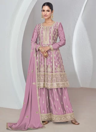 Mauve Chinon Embroidered and Sequins Work Salwar Suit
