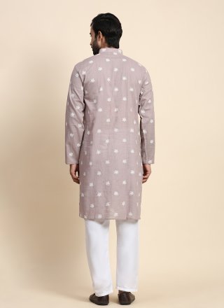 Mauve Cotton Kurta Pyjama with Embroidered Work for Men