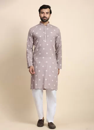 Mauve Cotton Kurta Pyjama with Embroidered Work for Men