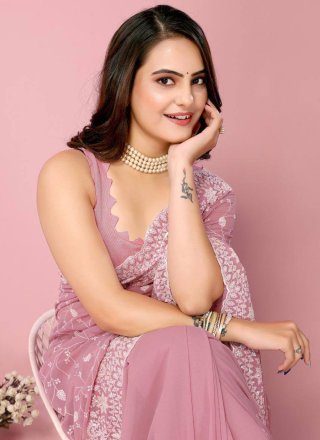 Mauve Georgette Classic Sari with Embroidered Work for Ceremonial