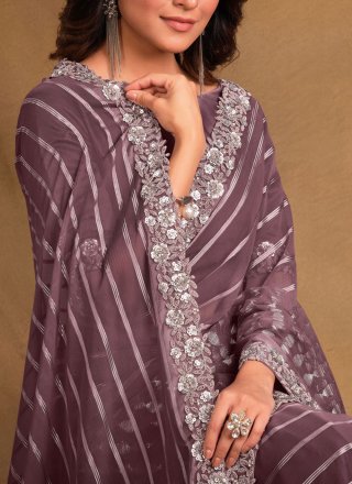 Mauve Georgette Contemporary Sari with Embroidered, Sequins and Stone Work for Ceremonial