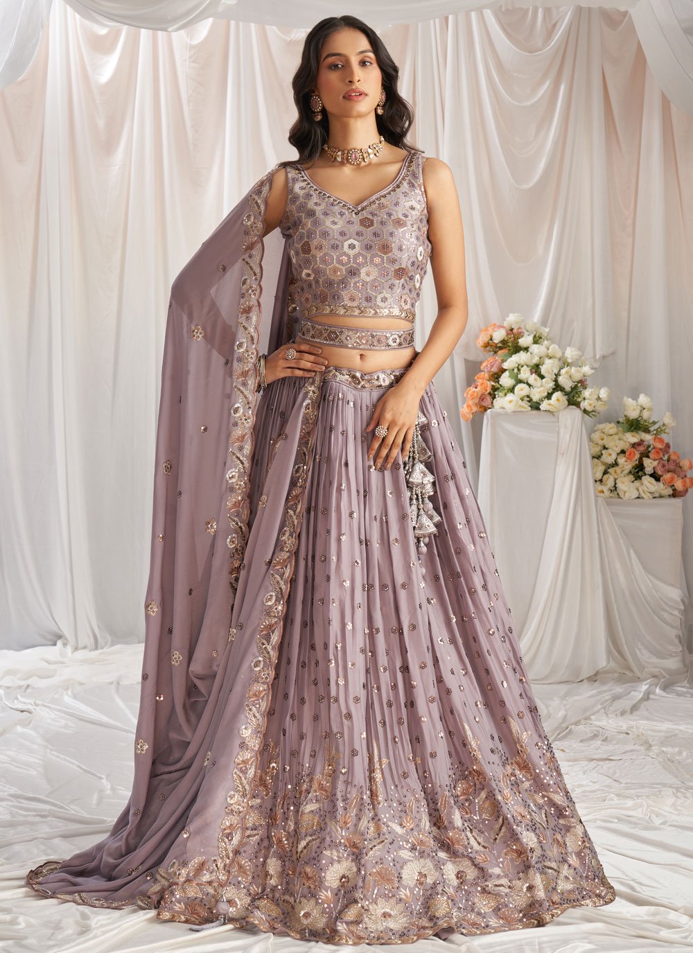 Mauve Raw Silk Ruffle Lehenga Choli and Mauve Raw Silk Ruffle