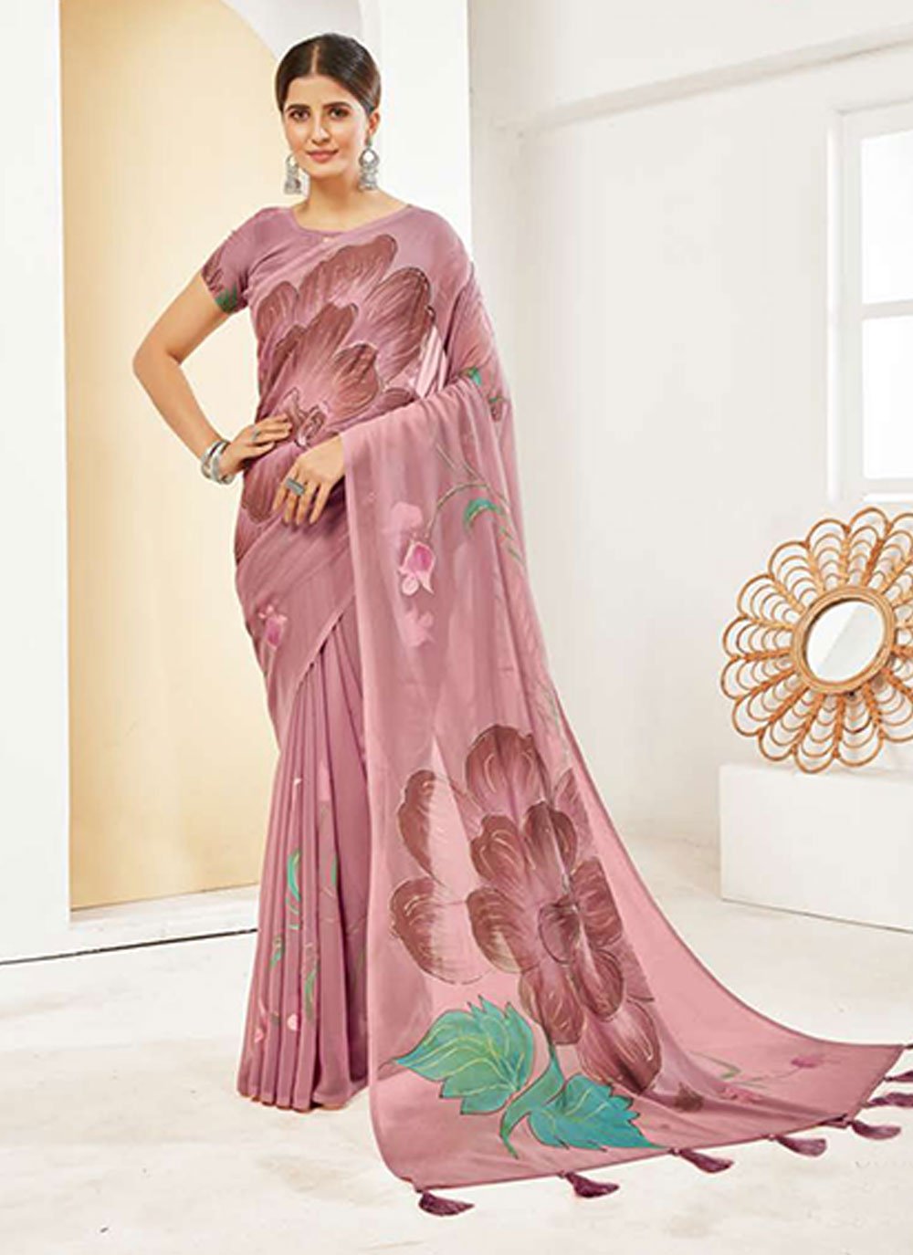 Buy Elegant & Light. Dabu Block Printed Chanderi Saree - Mauve Statement  (With Blouse Piece) Online