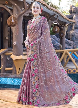 Mauve JIMMY CHU Embroidered, Resham and Swarovski Work Traditional Saree for Ceremonial