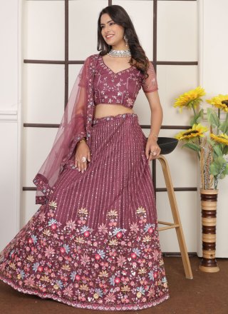 Mauve Net Embroidered and Sequins Work Lehenga Choli for Women