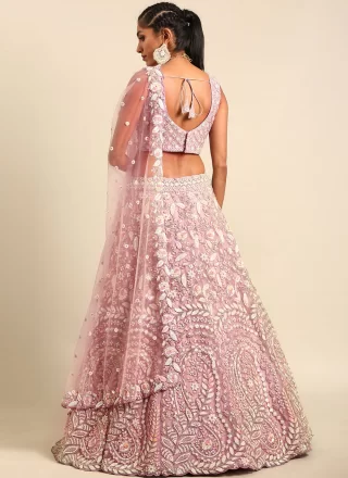Mauve Net Lehenga Choli with Cord, Embroidered, Sequins and Thread Work for Women