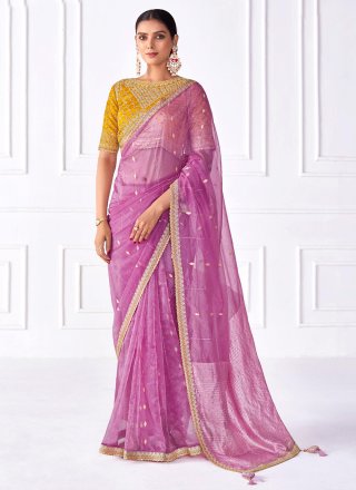 Mauve Organza Patch Border, Embroidered and Woven Work Classic Saree for Women