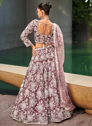 Mauve Satin Embroidered and Sequins Work Lehenga Choli for Engagement