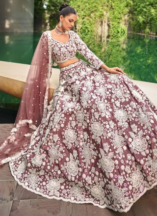 Mauve Satin Embroidered and Sequins Work Lehenga Choli for Engagement