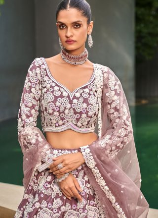 Mauve Satin Embroidered and Sequins Work Lehenga Choli for Engagement