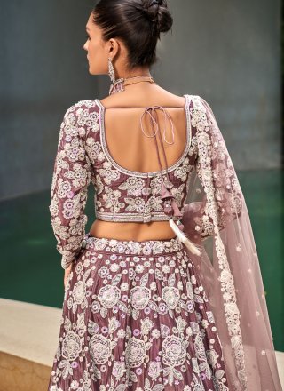 Mauve Satin Embroidered and Sequins Work Lehenga Choli for Engagement