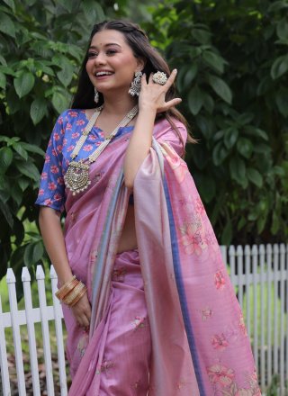 Mauve Tussar Silk Print Work Trendy Saree for Casual