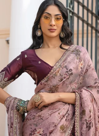 Mauve Viscose Classic Saree with Floral Patch and Lace Work