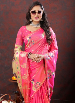 Meenakari and Weaving Work Silk Classic Saree In Pink