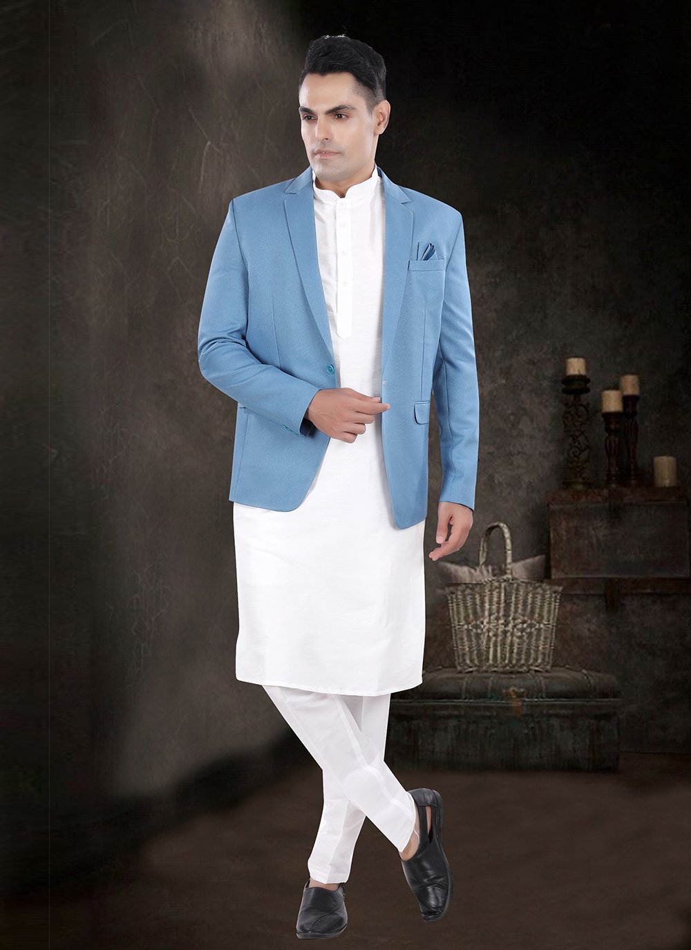 Men Aqua Blue and Off White Silk Plain Work Kurta Payjama with Jacket