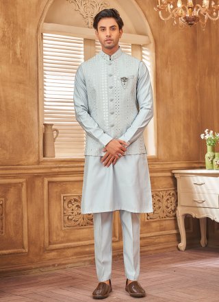 Men Aqua Blue Art Silk Embroidered Work Kurta Payjama with Jacket
